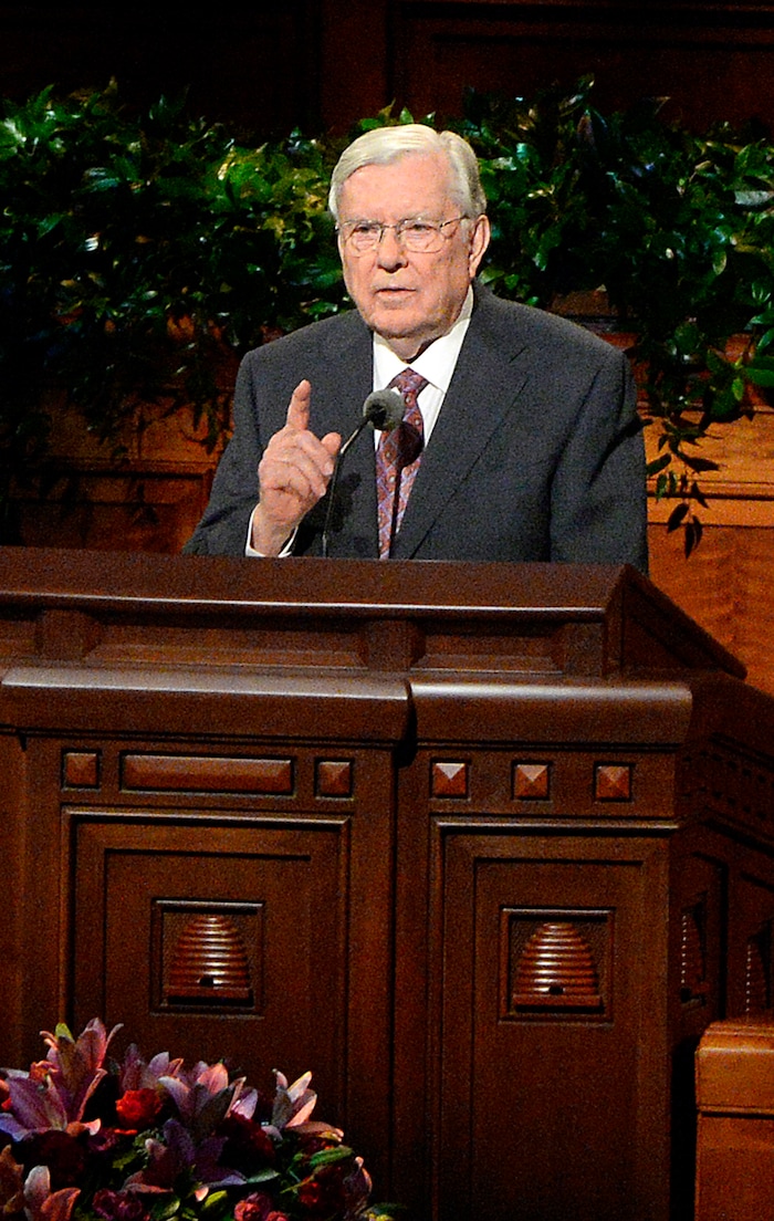 (Al Hartmann  |  The Salt Lake Tribune) 	
M. Russell Ballard, Qurom of the Twelve Apostle speaks at the Sunday afternoon session of the LDS Church’s 187th Semiannual General Conference in Salt Lake City on Sunday Oct. 1, 2017.
