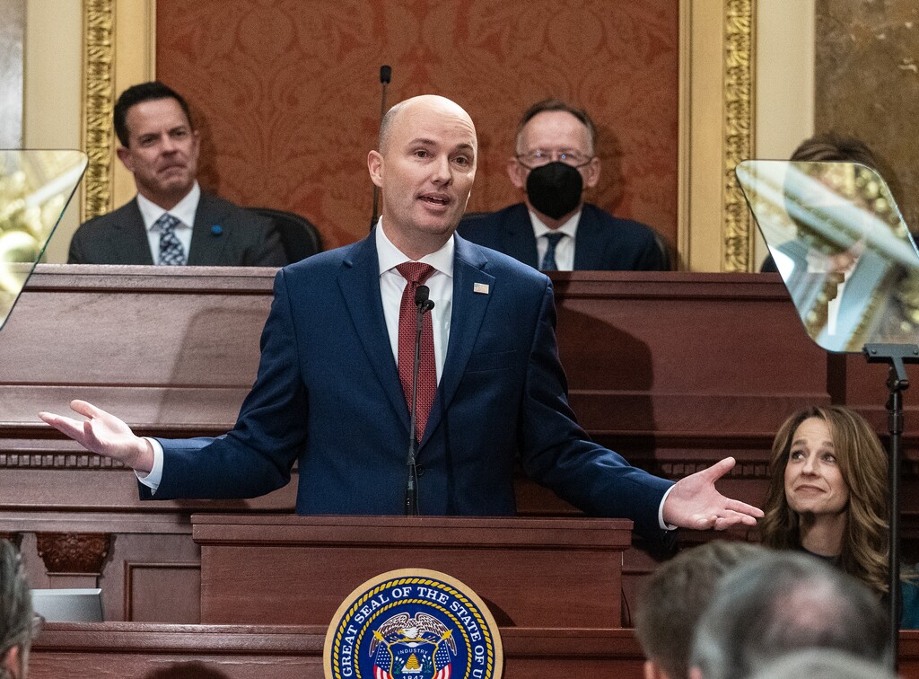 (Leah Hogsten | The Salt Lake Tribune) Gov. Spencer Cox delivers his 2022 State of the State address in the House Chamber of the Utah Capitol, Jan. 20, 2022. 
