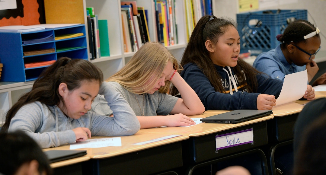 (Al Hartmann |  The Salt Lake Tribune) Fifth graders work on a reading assignment in Kathleen Wilson's language arts class at Riley Elementary School in Salt Lake City Tuesday April 10, 2018. Utah’s average scores on the Nation’s Report Card for 2017 have improved from two years ago, but state officials remain concerned that minority and low-income students in the state continue to lag behind their peers.