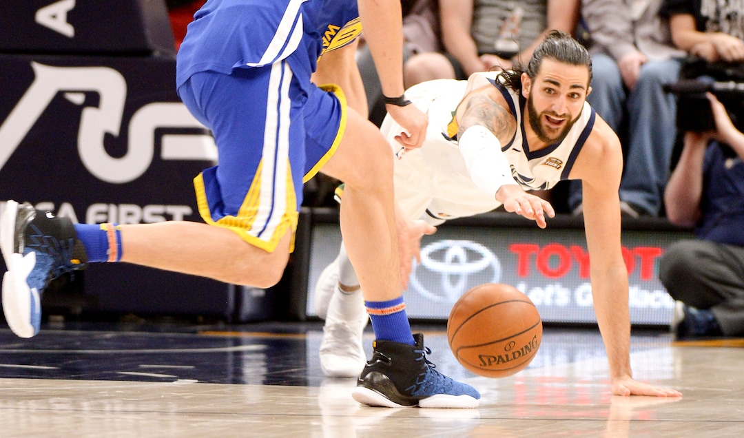 (Leah Hogsten  |  The Salt Lake Tribune)  Utah Jazz guard Ricky Rubio (3) battles Golden State Warriors guard Klay Thompson (11) for possession.  The Utah Jazz lead the Golden State Warriors 62-33 during their game, Tuesday, April 10, 2018 at the Vivant Smart Home Arena. 