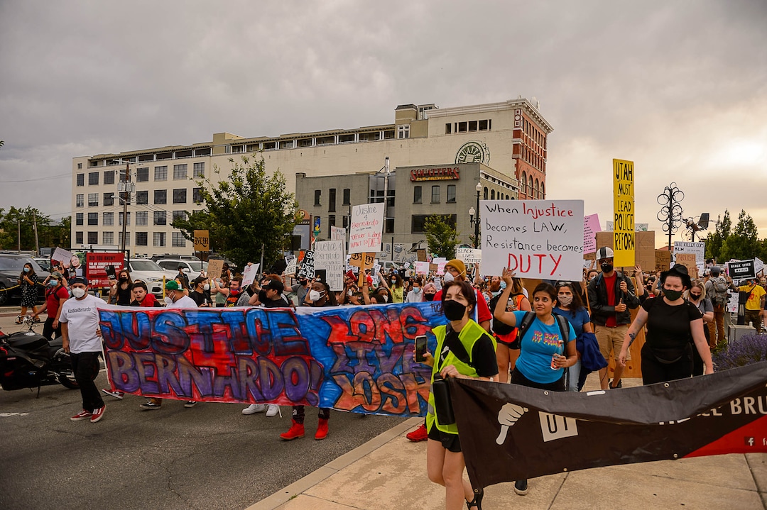 (Trent Nelson  |  The Salt Lake Tribune) People march against police brutality in Salt Lake City on Saturday, June 13, 2020.