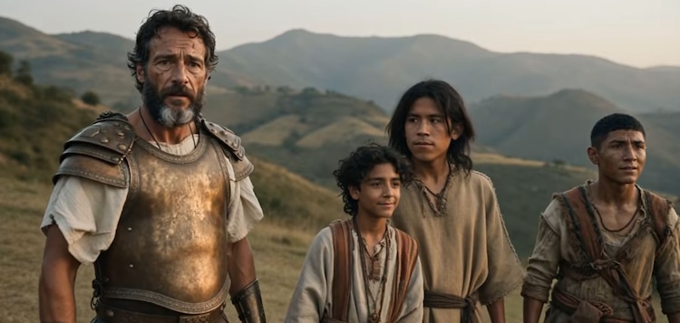 (YouTube screengrab) Helaman, a Nephite, stands far left, Lamanite boys to his right in Harding's "Two Thousand Strong."