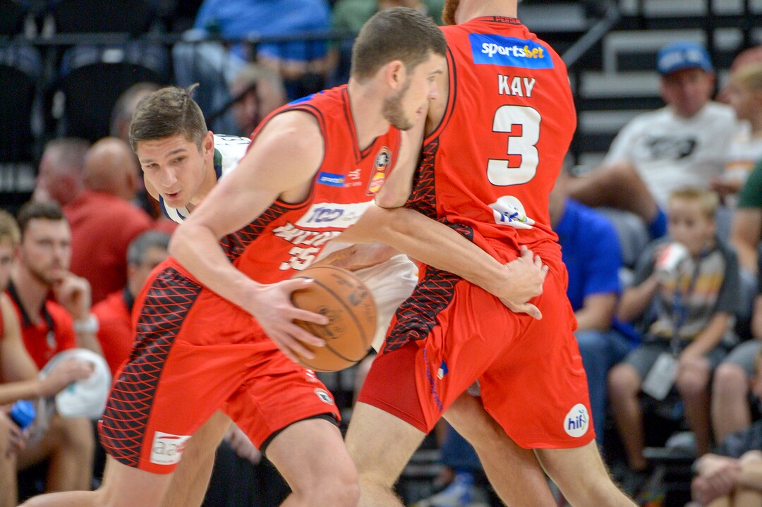 Leah Hogsten  |  The Salt Lake Tribune   Utah Jazz guard Grayson Allen (24) fight the screen from Perth Wildcats forward Nick Kay (3) and Perth Wildcats guard Clint Steindl (35) as the Utah Jazz host the Perth Wildcats, Sept. 29, 2018 at Vivint Smart Home Arena.