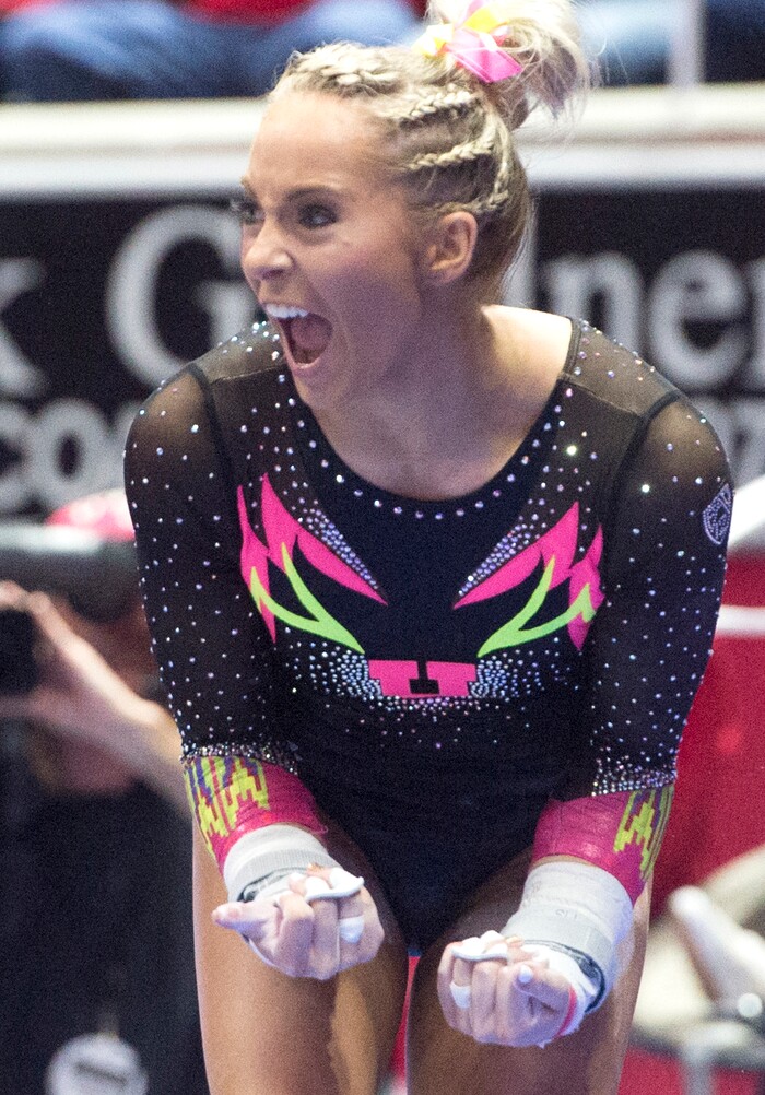 (Rick Egan  |  The Salt Lake Tribune)   MyKayla Skinner react after her routine on the bars for Utah, in Gymnastics action Utah vs. Oregon State at the Jon M. Huntsman Center, Friday, January 19, 2018.


