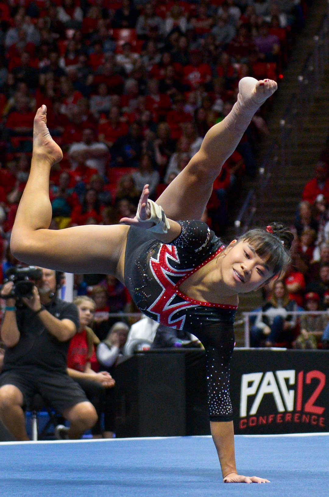 (Leah Hogsten  |  The Salt Lake Tribune) Kim Tessen gave a 9.90 floor routine as the University of Utah fifth-ranked gymnastics team hosts No. 12 University of Kentucky during its home opener, Jan. 3, 2020, at the Huntsman Center.