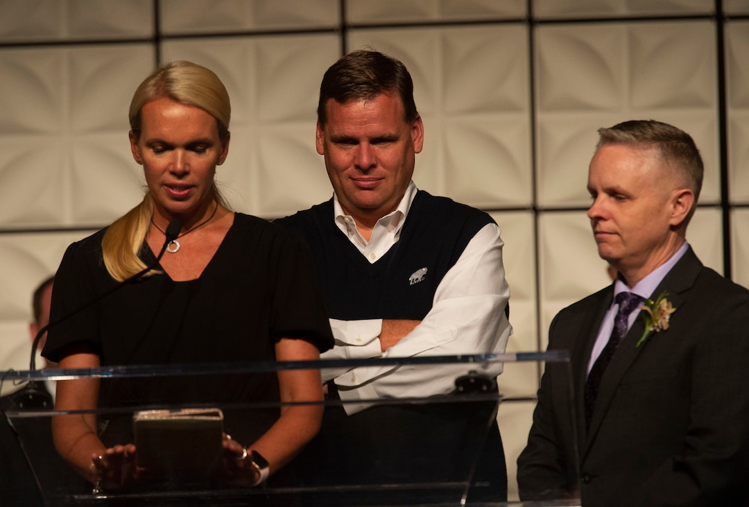 (Rick Egan  |  The Salt Lake Tribune)   Jennifer Huntsman Parkin, and Mark Huntsman present the award to Education Award winner Jonathan Lindberg, special education teacher at Lehi Junior High, at the Huntsman Awards for Excellence in Education at the Grand America Hotel, Friday,  April 26, 2019.