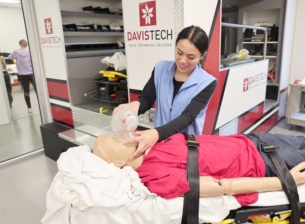 (Davis Technical College) Emergency Medical Technician (EMT) student Brenda Silva, in the Davis Technical College EMT lab. Davis Tech saw  a significant increase in students, with an 8.2% boost, or 313 students, the Utah System of Higher Education announced this week.