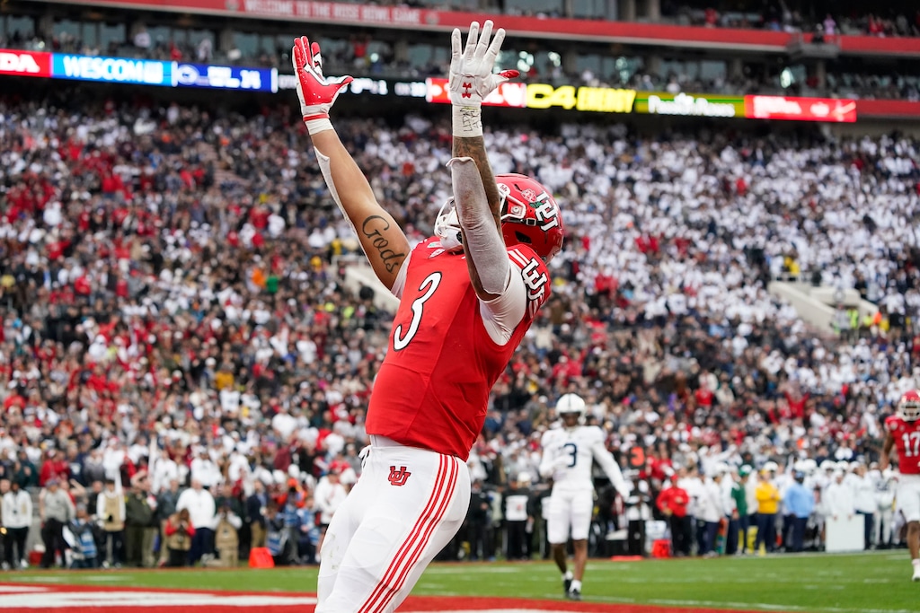 (Marcio Jose Sanchez | AP) Utah running back Ja'Quinden Jackson (3) celebrates his touchdown during the first half in the Rose Bowl NCAA college football game against Penn State Monday, Jan. 2, 2023, in Pasadena, Calif.