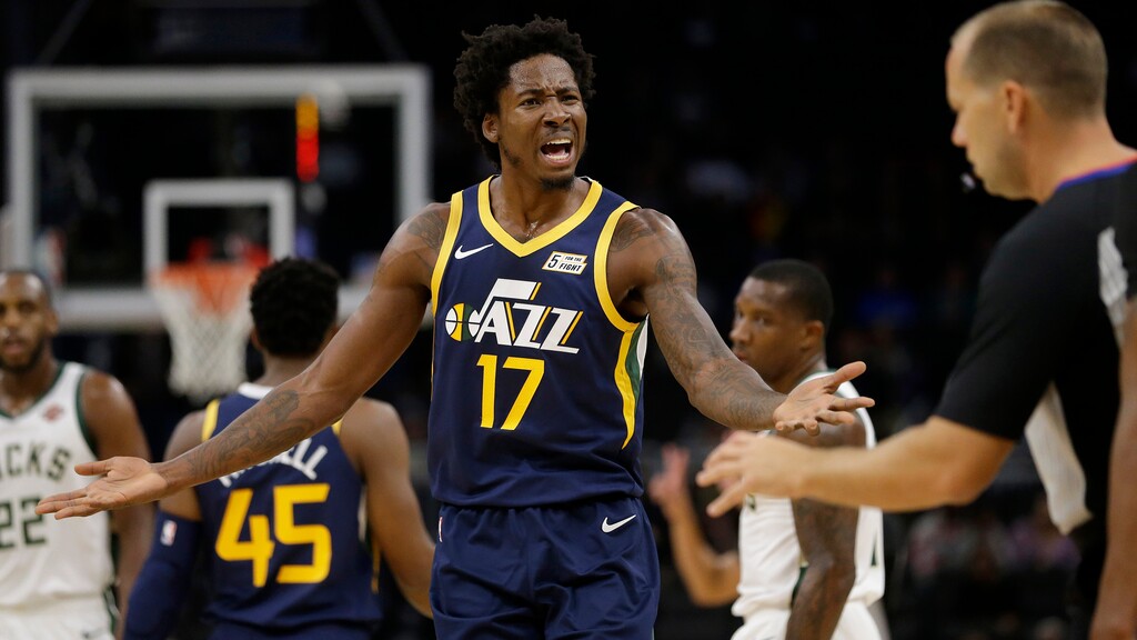 Utah Jazz's Ed Davis argues with an official during the first half of the team's preseason NBA basketball game against the Milwaukee Bucks on Wednesday, Oct. 9, 2019, in Milwaukee. (AP Photo/Aaron Gash)