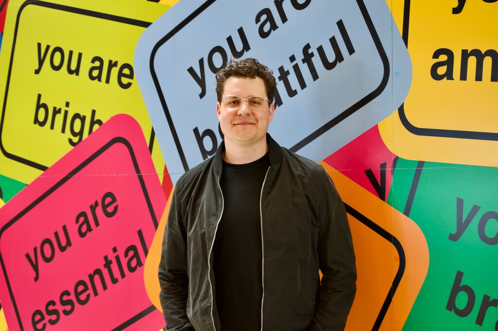 (Palak Jayswal | The Salt Lake Tribune)  Artist Matthew Hoffman at his 'you are beautiful' exhibit at Fashion Place Mall on June 4, 2022.