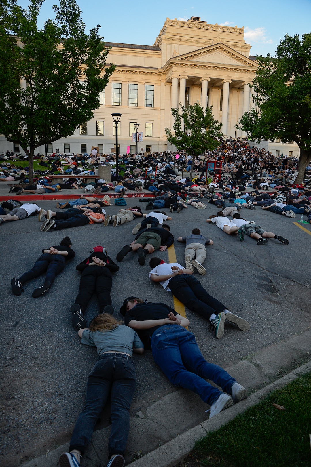 (Francisco Kjolseth  |  The Salt Lake Tribune) Demonstrators protesting against police brutality lay down in silence in honor of George Floyd on President's Circle at the University of Utah on Wednesday, June 3, 2020, in Salt Lake City, as the initially set 8 p.m. weeklong curfew was removed.