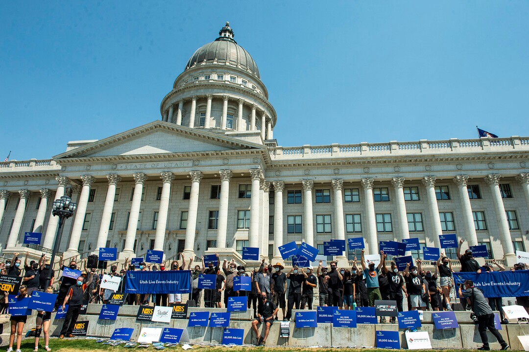 (Rick Egan  |  The Salt Lake Tribune)     More than 100 members of Utah Live Events Industry Association march to the State Capitol in a silent march to call attention to the state of their industry, on Tuesday, July 21, 2020.