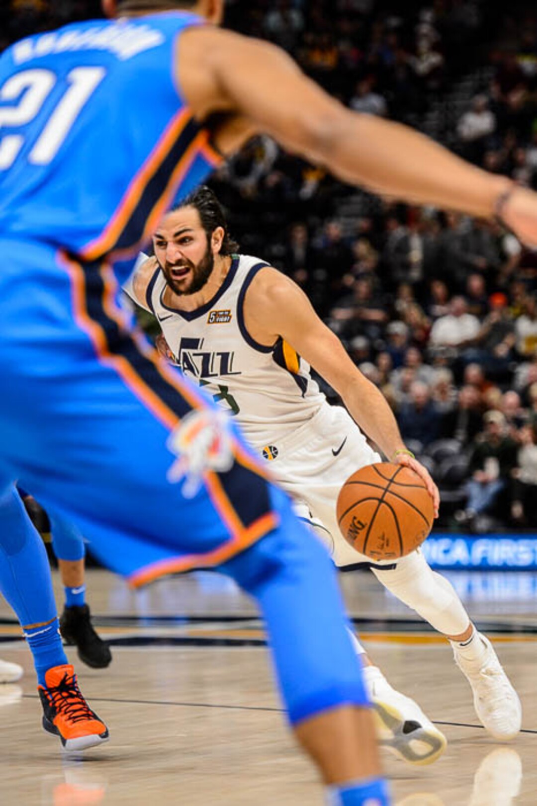 (Trent Nelson | The Salt Lake Tribune)  Utah Jazz guard Ricky Rubio (3) drives to the basket as the Utah Jazz host the Oklahoma City Thunder, NBA basketball in Salt Lake City, Saturday December 23, 2017.