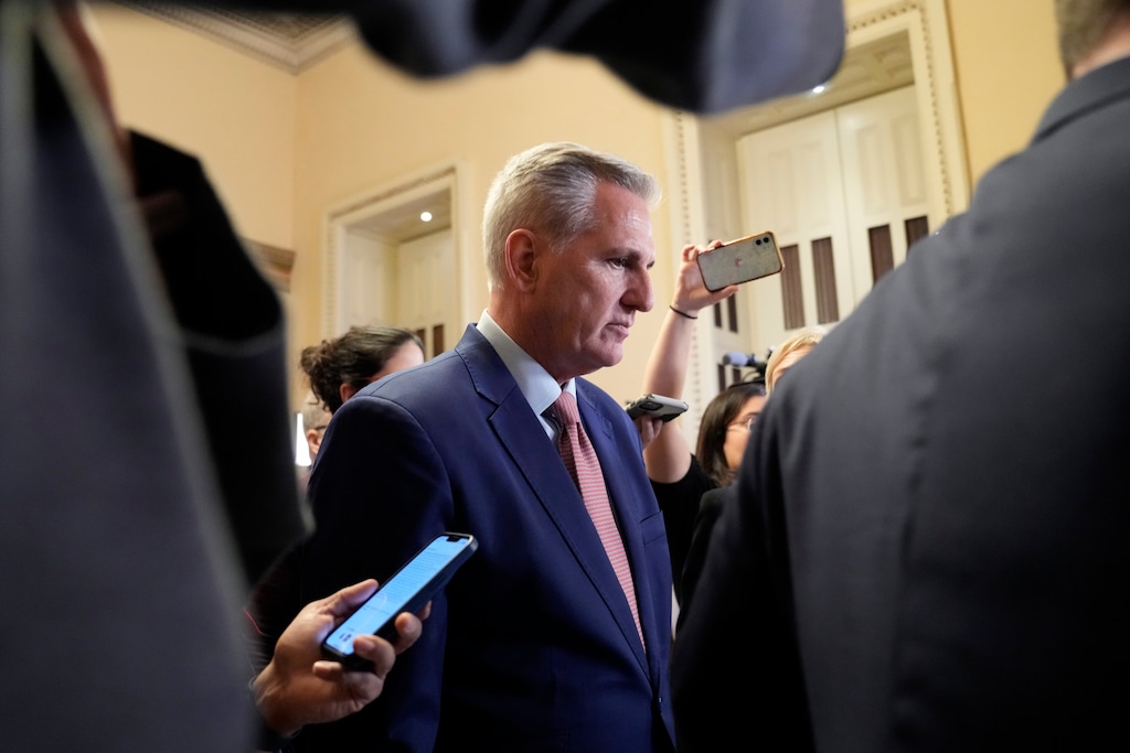 (Susan Walsh | AP) House Republican Leader Kevin McCarthy of Calif., is followed by reporters as he heads to the House Floor on Capitol Hill in Washington, Tuesday, Jan. 3, 2023.