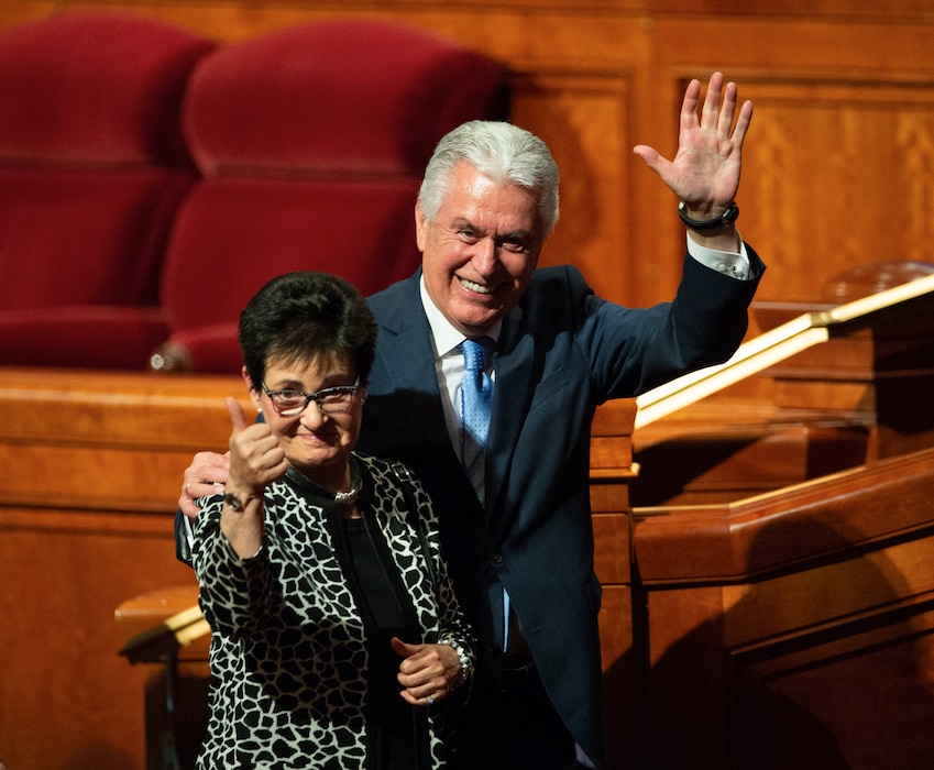 (Keith Johnson | Tribune file photo) Apostle Dieter F. Uchtdorf and his wife, Harriet, wave to the congregation at the conclusion of the 188th Semiannual General Conference of The Church of Jesus Christ of Latter-day Saints on Oct. 7, 2018, in Salt Lake City.
