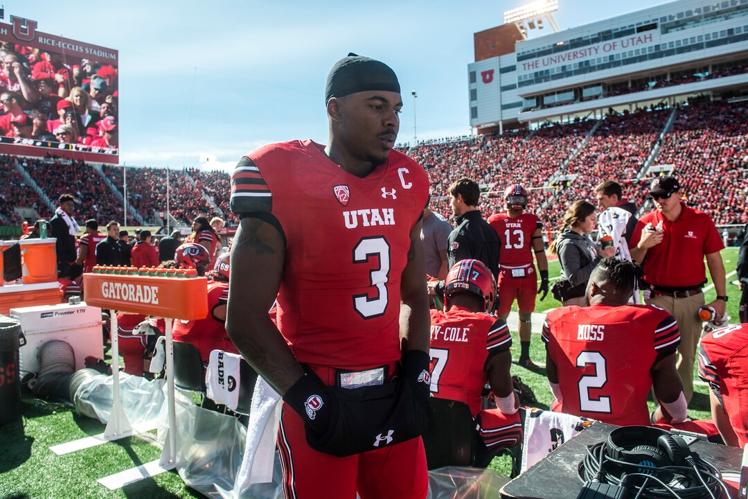 (Chris Detrick  |  The Salt Lake Tribune)  Utah Utes quarterback Troy Williams (3) walks on the sidelines during the game at Rice-Eccles Stadium Saturday, October 21, 2017. 