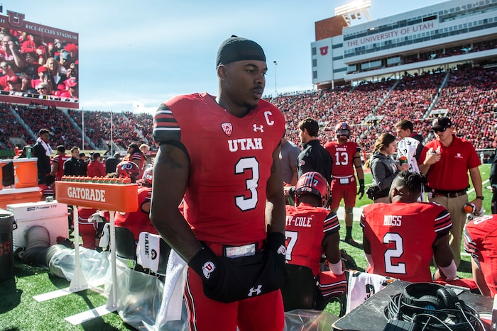 (Chris Detrick  |  The Salt Lake Tribune)  Utah Utes quarterback Troy Williams (3) walks on the sidelines during the game at Rice-Eccles Stadium Saturday, October 21, 2017. 