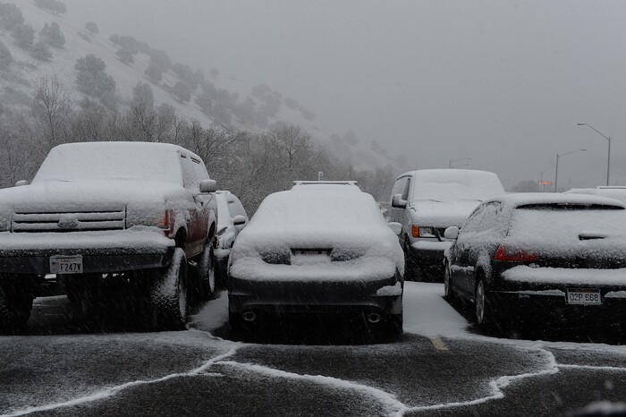 (Scott Sommerdorf | The Salt Lake Tribune)
Cars are getting encased in snow at the park and ride lot at the base of Big Cottonwood Canyon as snow falls, Wednesday, December 20, 2017.
