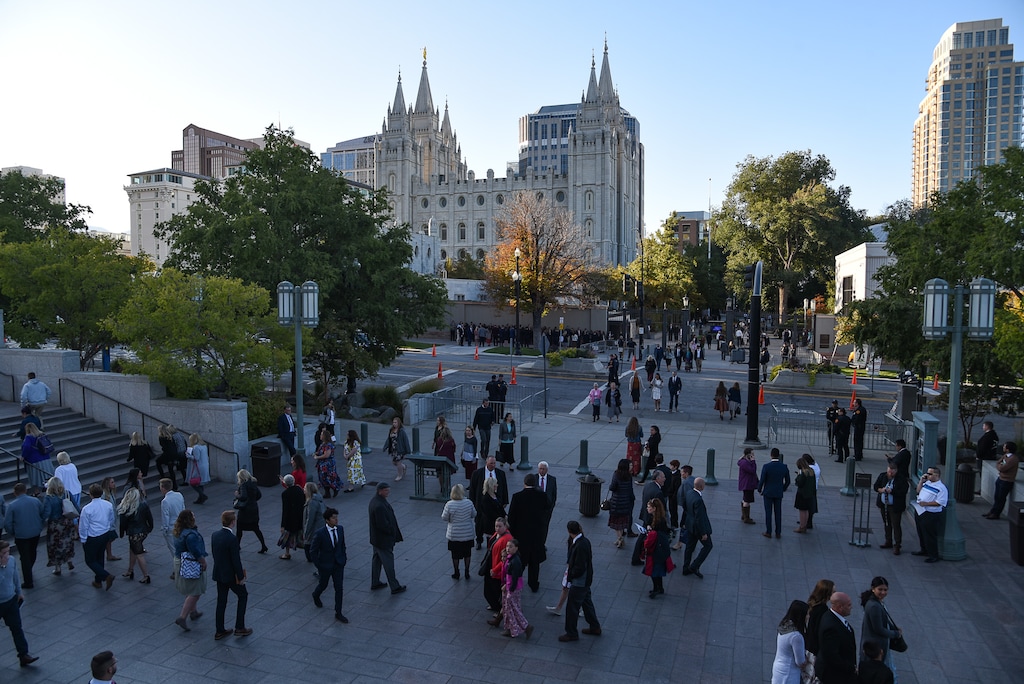 (Francisco Kjolseth  |  The Salt Lake Tribune) Attendees arrive for General Conference outside the Conference Center in Salt Lake City in October 2019. Utah's predominant faith grew by a meager 0.56% in 2022.
