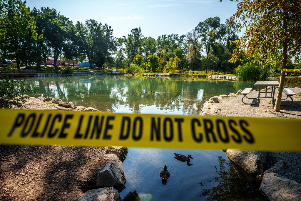 (Trent Nelson | The Salt Lake Tribune) Yellow tape surrounds the Fairmont Park Pond in Salt Lake City on Thursday, Sept. 9, 2021.
