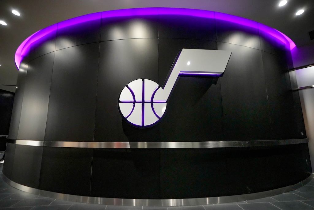 (Francisco Kjolseth | The Salt Lake Tribune) The Utah Jazz logo is on display outside the players locker room at Vivint Arena on Wednesday, Feb. 15, 2023, as work continues for the upcoming All-Star weekend.