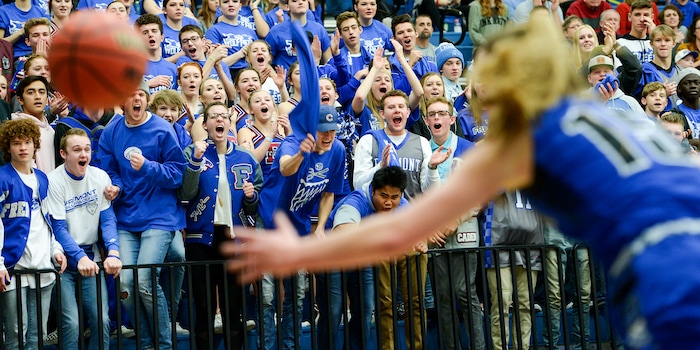(Leah Hogsten  |  The Salt Lake Tribune) Fremont fans cheer on the team. Bingham faces Fremont in the championship game of the 6A High School Girls' Basketball Tournament at SLCC in Taylorsville,Saturday, Feb. 24, 2018.