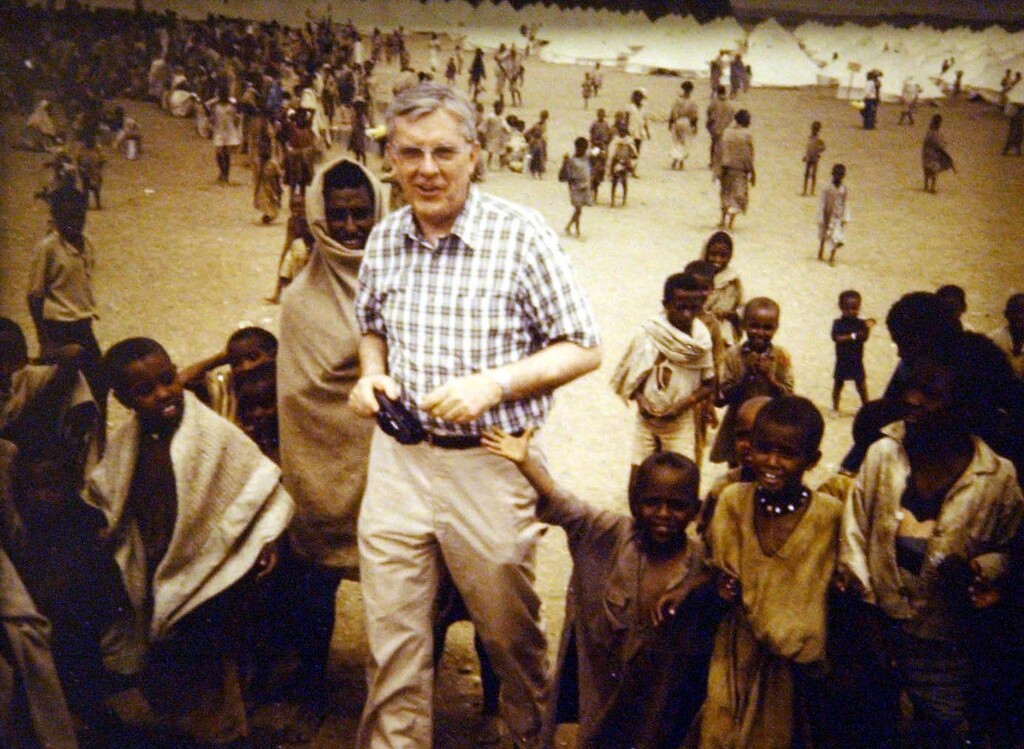 (Courtesy photo)  Elder M. Russell Ballard, a Latter-day Saint apostle, in Ethiopia in March 1985 distributing funds to Ethiopians hit by a major famine and drought