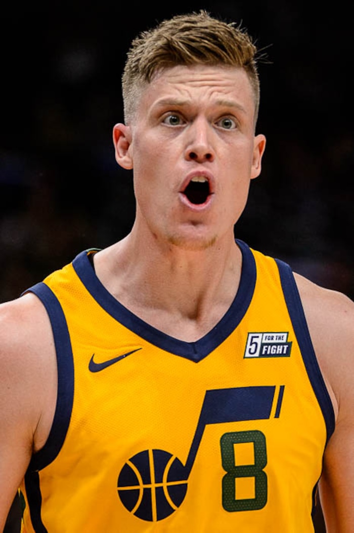 (Trent Nelson | The Salt Lake Tribune)  Utah Jazz forward Jonas Jerebko (8) reacts to a foul as the Utah Jazz host the Milwaukee Bucks, NBA basketball in Salt Lake City Saturday November 25, 2017.