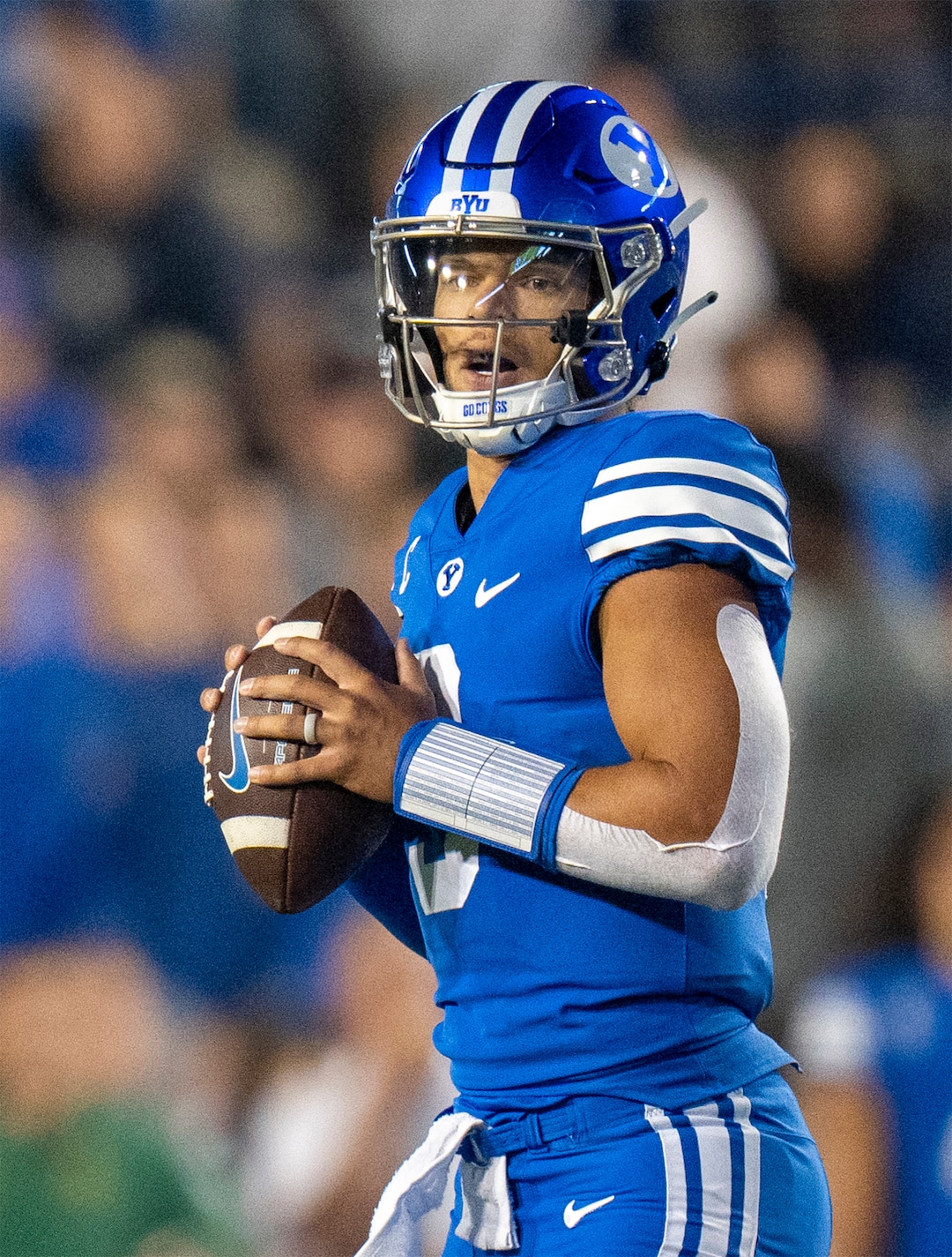 (Rick Egan | The Salt Lake Tribune) Brigham Young Cougars quarterback Jaren Hall (3) looks for a reciever, in football action between the Brigham Young Cougars and the Baylor Bears at Lavell Edwards Stadium in Provo, on Saturday, Sept. 10, 2022.