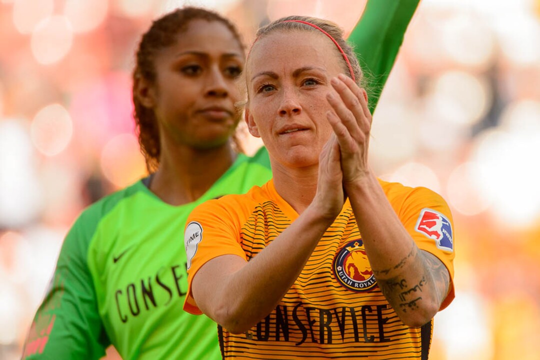 (Trent Nelson | The Salt Lake Tribune)  Utah Royals FC hosts the Chicago Red Stars, at Rio Tinto Stadium in Sandy, Saturday April 14, 2018. Utah Royals FC goalkeeper Abby Smith (1) and Utah Royals FC midfielder Gunnhildur Jónsdóttir (23).
