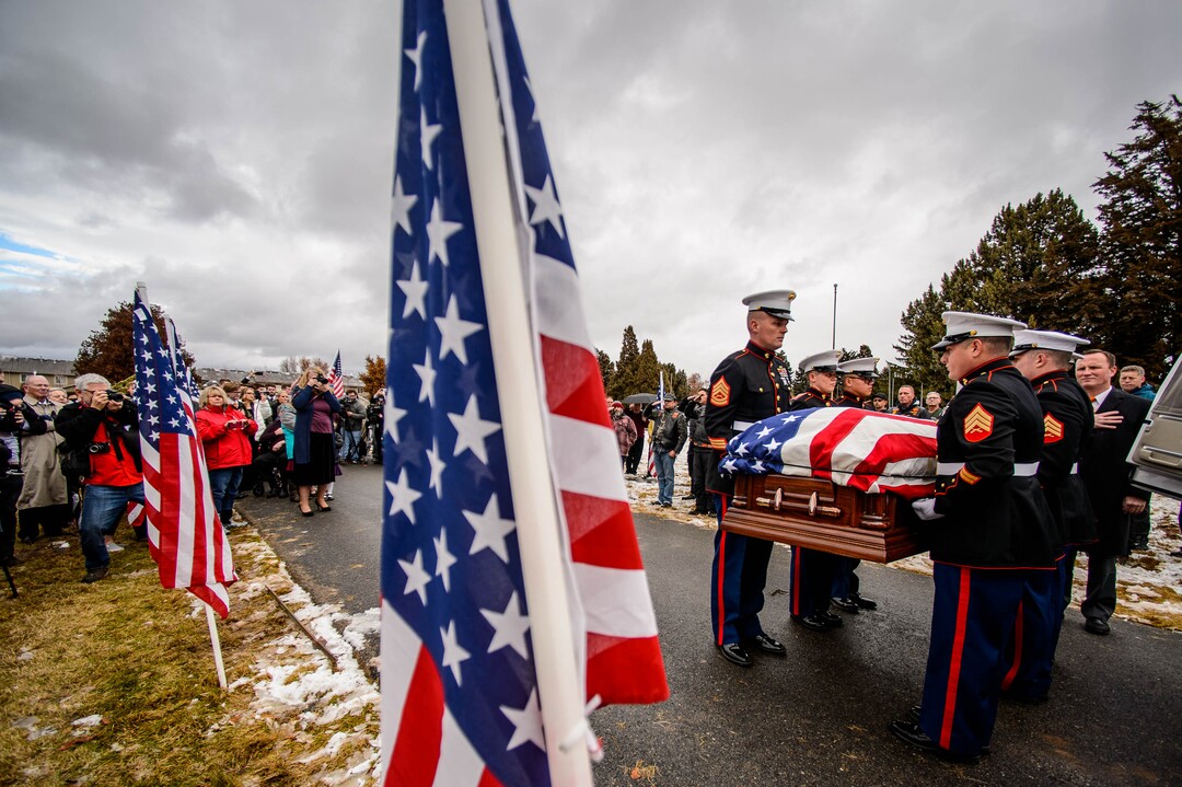 (Trent Nelson  |  The Salt Lake Tribune)
Marines carry the remains of Marine Pfc. Robert J. Hatch at the Bountiful City Cemetery on Saturday, Dec. 14, 2019. Hatch was killed in action Nov. 22, 1943 on the island of Betio.