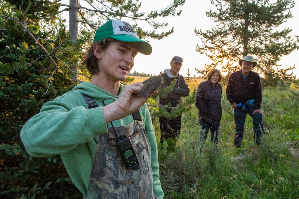(Ryan Ash | Weber State University) Weber State zoology student Clementine Rane speaks to faculty and donors at a fundraising event in July 2024 near Yellowstone National Park, where the school looks to open a new field station.