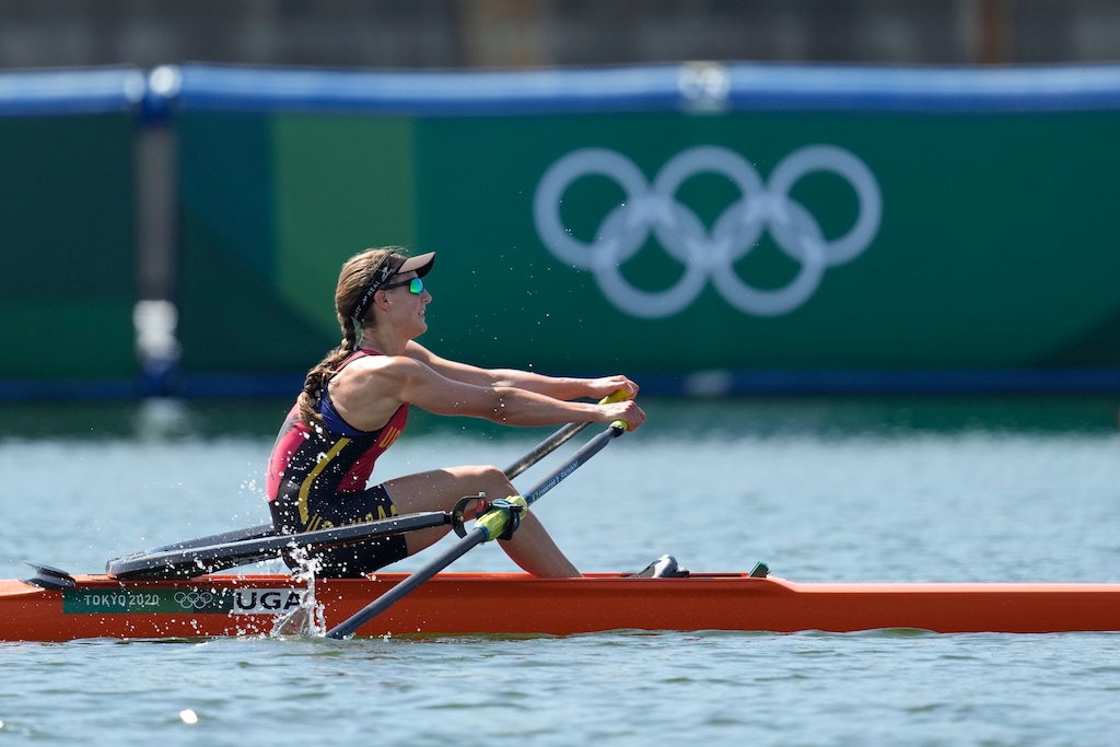 (Lee Jin-man | AP) Kathleen Noble of Uganda competes in the women's single sculls semifinal at the 2020 Summer Olympics, Sunday, July 25, 2021, in Tokyo.