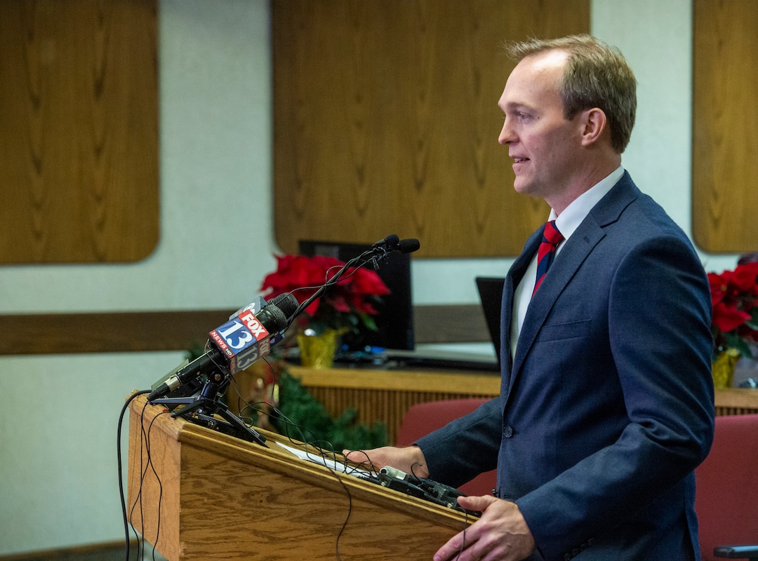 (Rick Egan  |  The Salt Lake Tribune)  Ben McAdams announces during news conference at Murray City Hall, Monday, Dec. 16, 2019, that he will vote yes on the House impeachment vote.