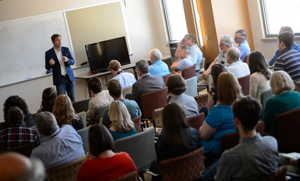 (Trent Nelson | The Salt Lake Tribune)  
Paul Huntsman, owner of The Salt Lake Tribune, addresses staff members, Tuesday, May 8, 2018.