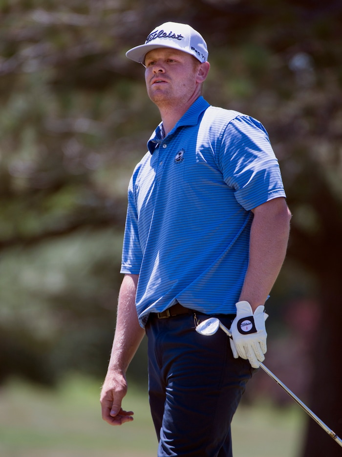 (Rick Egan  |  The Salt Lake Tribune)     Patrick Fishburn from Farr West, UT, watches his approach shot land on the green, in second round of the Utah Championship golf event on the Web.com Tour at Oakridge Country Club in Farmington.  Fishburn finished 8 under par, Friday, July 13, 2018.


