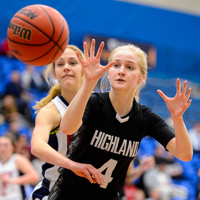 (Trent Nelson | The Salt Lake Tribune)  Highland's Olivia Beckstead (4) grabs the pass as Woods Cross faces Highland in the 5A High School Girls' Basketball Tournament at SLCC in Taylorsville, Wednesday Feb. 21, 2018.