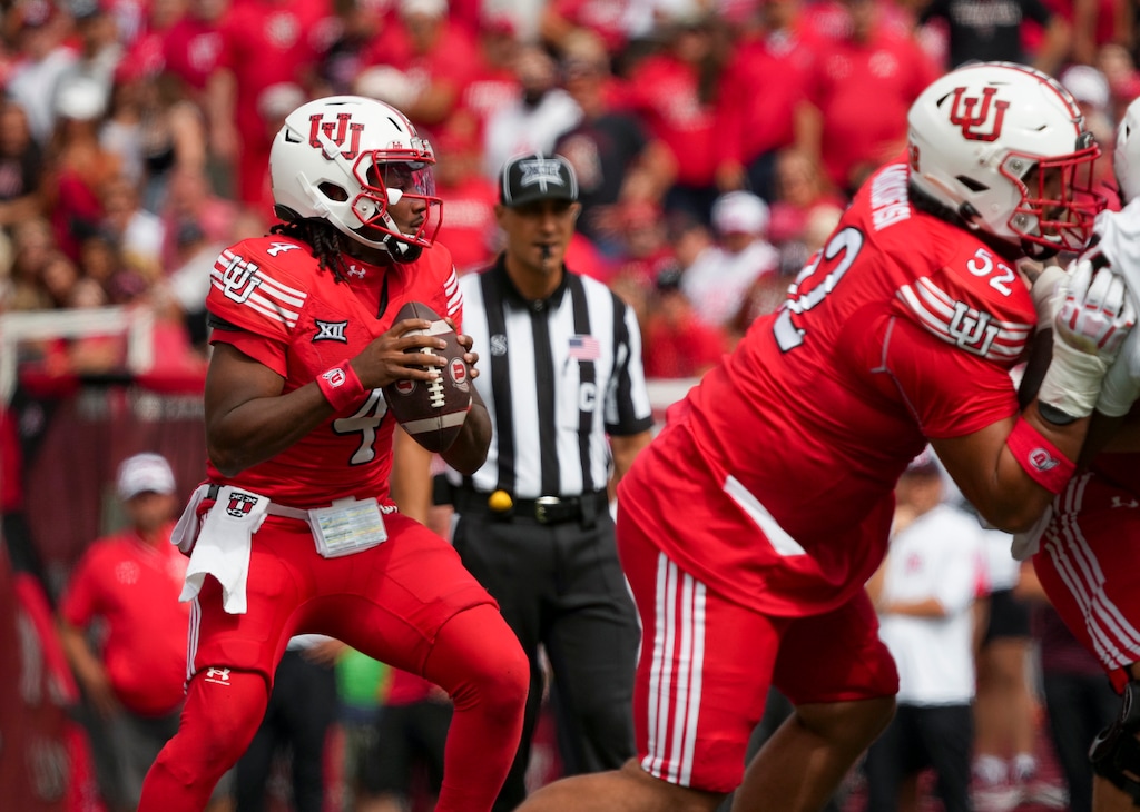 (Bethany Baker  |  The Salt Lake Tribune) Utah Utes quarterback Devon Dampier (4) looks to pass the ball against the Texas Tech Red Raiders during the game in Salt Lake City on Saturday, Sept. 20, 2025.