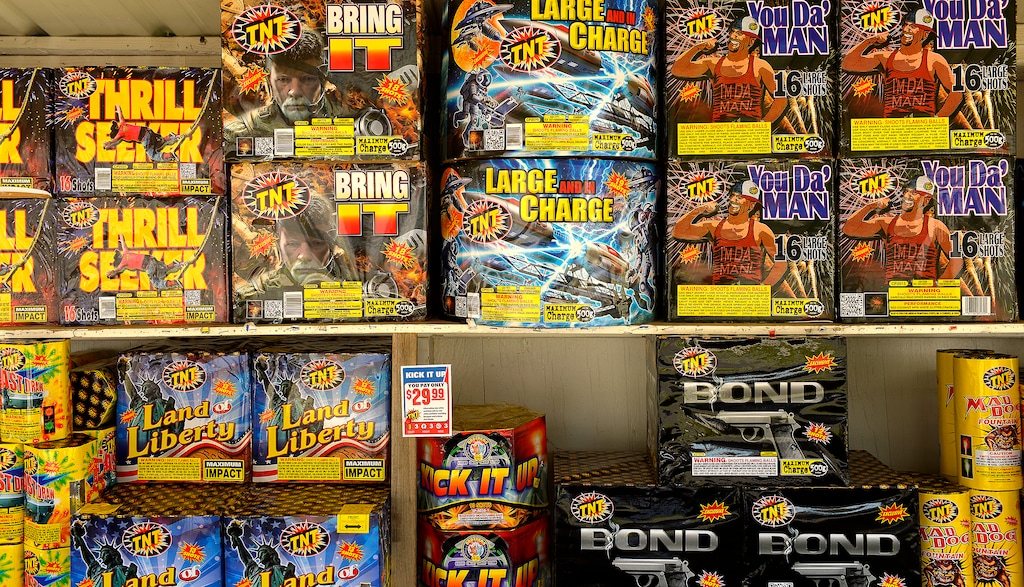 Leah Hogsten  |  The Salt Lake TribuneFireworks named Thrill Seeker, Bring It, Large and in Charge and You 'Da Man can be purchased at the TNT Fireworks stand at 2700 S. State. Fireworks went on sale Wednesday, July 1, 2015.   