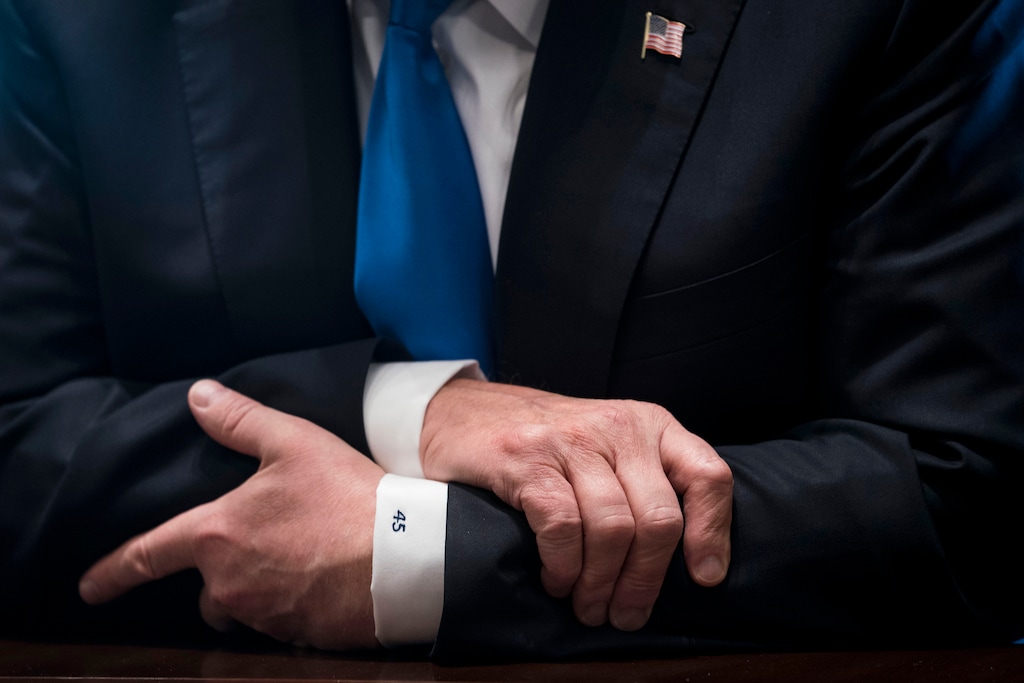 (Doug Mills|The New York Times)
President Donald Trump's shirt cuffs, embroidered with the number 45, during a meeting with lawmakers on immigration in the Cabinet Room of the White House in Washington, Jan. 9, 2018. "Two things can both be true at once: Trump has a certain kind of political genius and a strong personal bond with the Republican base, and Trump's influence ebbs the further you get from the world of rhetoric and personal identification," writes The New York Times opinion columnist Ross Douthat.
