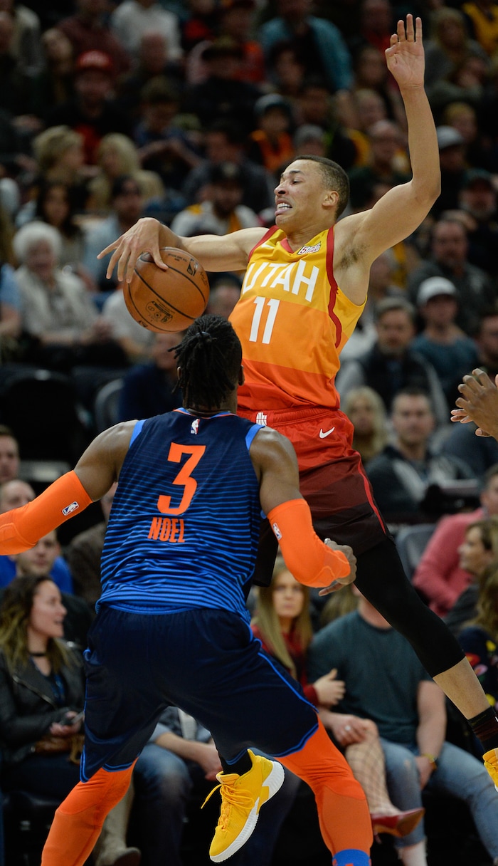 (Francisco Kjolseth  |  The Salt Lake Tribune)   Oklahoma City Thunder forward Nerlens Noel (3) stays in front of Utah Jazz guard Dante Exum (11) in the NBA game at Vivint Smart Home Arena Sat., Dec. 22, 2018, in Salt Lake City.