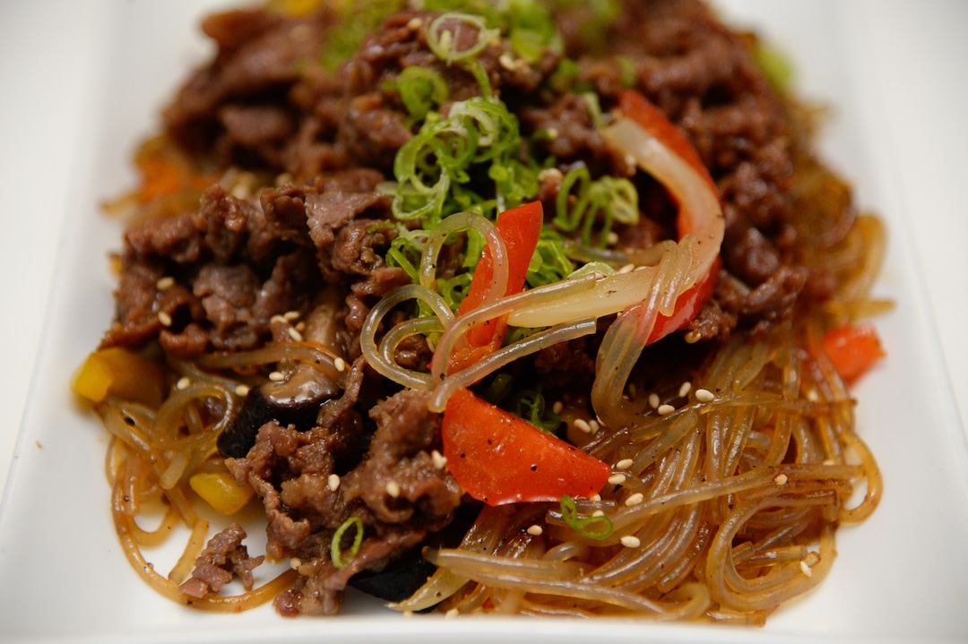 (Francisco Kjolseth  |  The Salt Lake Tribune)  Korean sweet potato noodles served with an assortment of noodles and a choice of protein at the Angry Korean fusion restaurant in South Jordan.