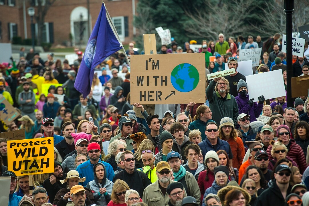 (Chris Detrick  |  The Salt Lake Tribune) Supporters of the Bears Ears and Grand Staircase-Escalante National Monuments rally at the Utah State Capitol Saturday, December 2, 2017.  Utah Highway Patrol estimated 5,000 people attended the rally. 