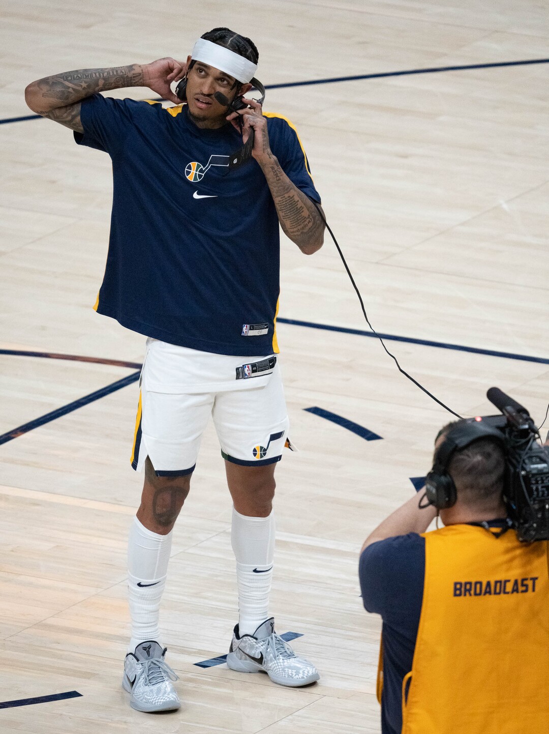 (Francisco Kjolseth | The Salt Lake Tribune) Utah Jazz guard Jordan Clarkson (00) is interviewed after the game following NBA action between the Utah Jazz and the San Antonio Spurs at Vivint Smart Home Arena, on Wednesday, May 5, 2021.
