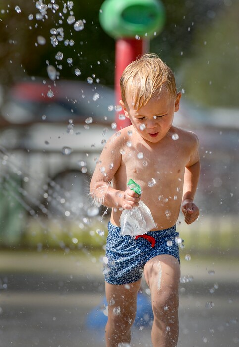 (Leah Hogsten | The Salt Lake Tribune) Addax Twede, 4, plays at the South Ogden splash pad, Monday, June 24, 2019. Ogden and the northern valleys are forecast to reach the upper 80s in temperature today, June 25, 2019. The Salt Lake and Tooele valleys are forecast 90 degrees — the highest so far this year.