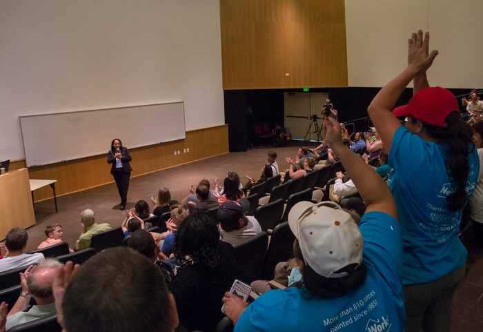 (Rick Egan  |  The Salt Lake Tribune)  The crowd cheers as Rosie Rivera says a few words Saturday, Aug. 12, 2017, after she was  picked as the new Salt Lake County sheriff.