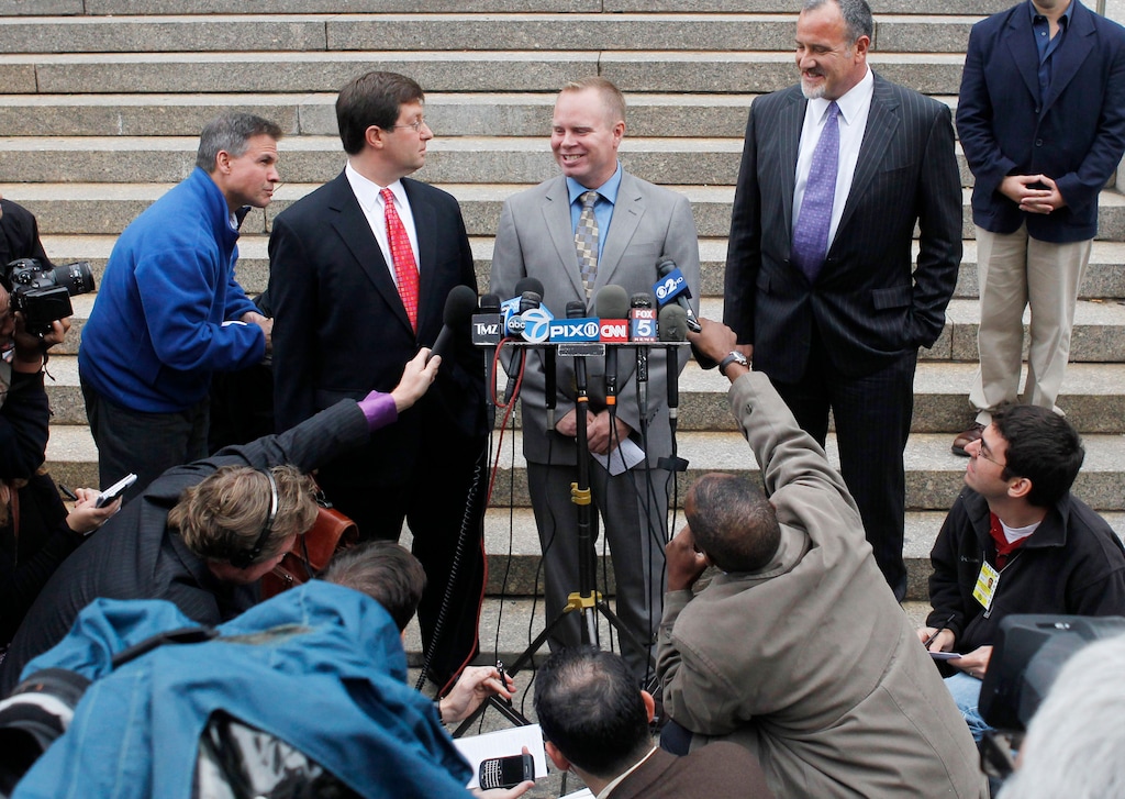 (Seth Wenig | The Associated Press) Steven Slater, center, speaks briefly to the media after leaving a Queens courthouse in New York, Tuesday, Oct. 19, 2010. The former flight attendant whose meltdown landed him in court has pleaded guilty to attempted criminal mischief and will undergo counseling.