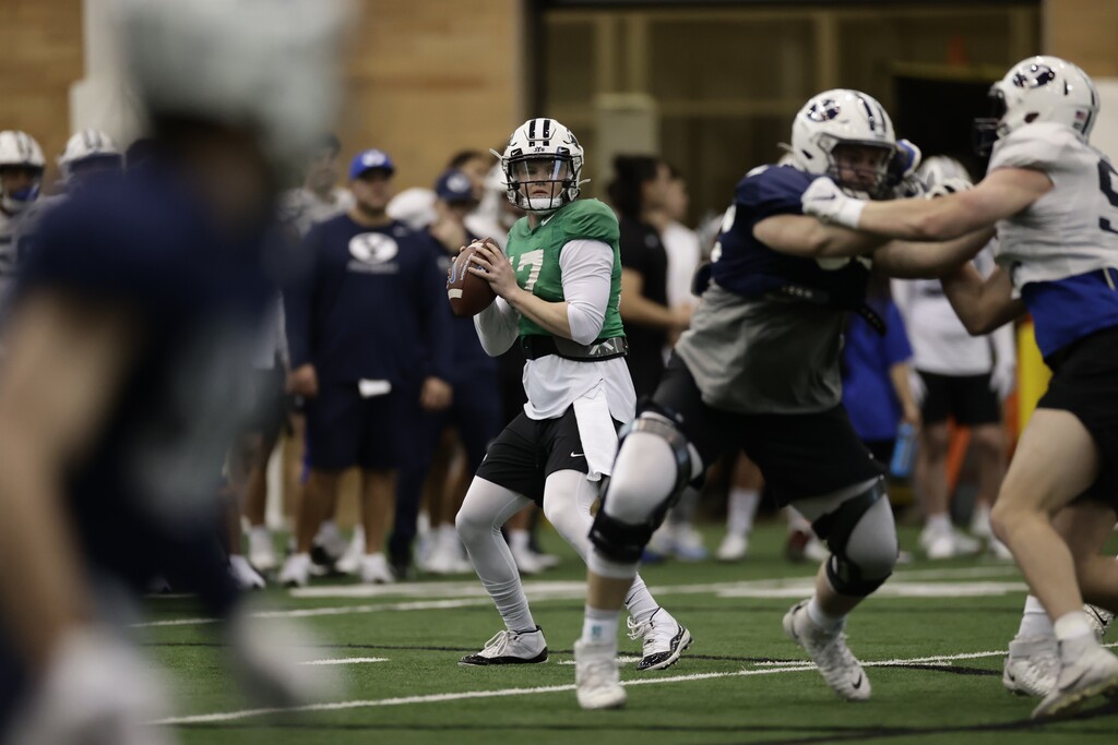 (Ryan Campbell | BYU) Jacob Conover attempts a pass at BYU's spring practice on March 3, 2022.