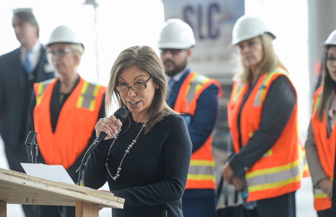 (Francisco Kjolseth  |  The Salt Lake Tribune)  Nina Madonia, Chief Executive Officer for The Grove, joins the press announcement within the large Terminal Plaza at Salt Lake City International Airport where food concessionaires were announced for the first phase of the new expanded airport on Wed. Feb. 20, 2019. 