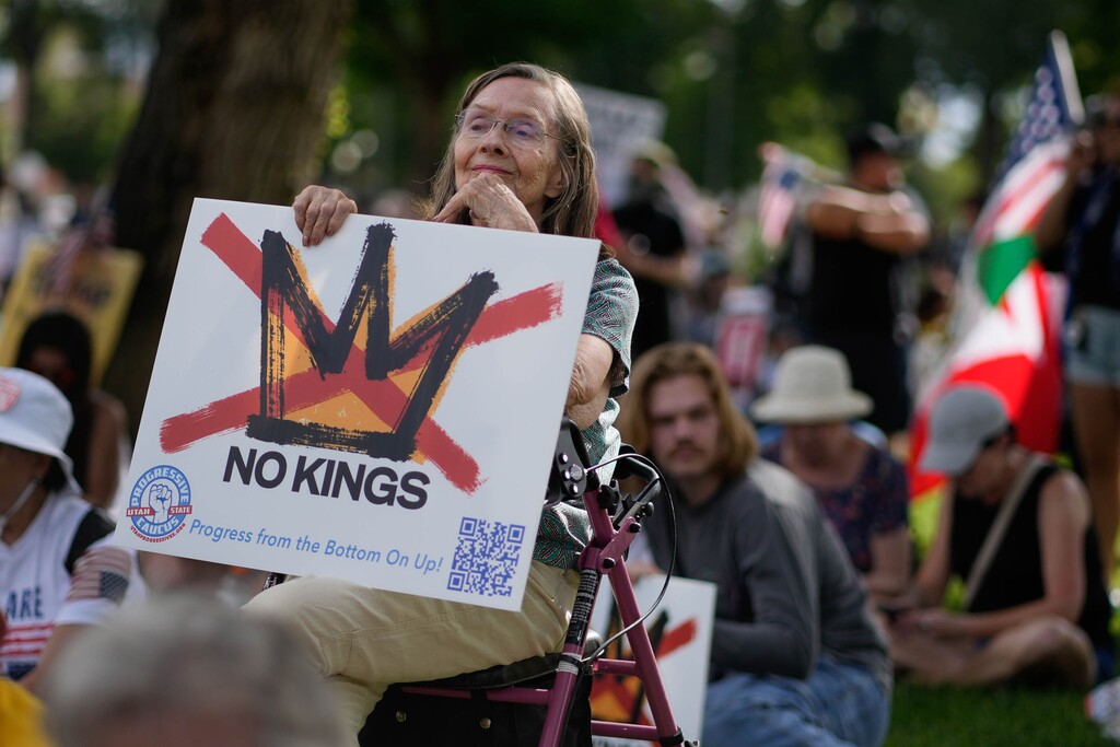 (Francisco Kjolseth | The Salt Lake Tribune) Marilou Royean joins a No Kings demonstration at Pioneer Park in downtown Salt Lake City on Saturday, June 14, 2025.